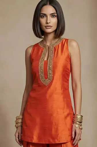 Rust orange embroidered raw silk co ord set