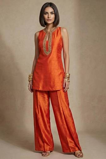 Rust orange embroidered raw silk co ord set