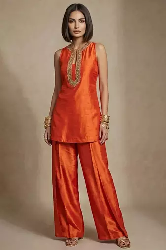 Rust orange embroidered raw silk co ord set