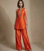 Rust orange embroidered raw silk co ord set