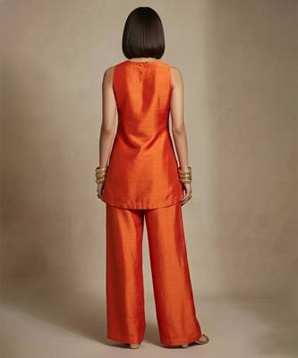 Rust orange embroidered raw silk co ord set 3