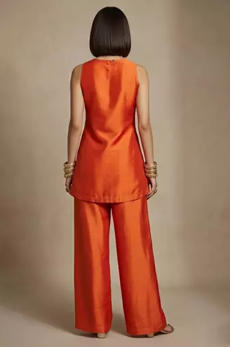 Rust orange embroidered raw silk co ord set