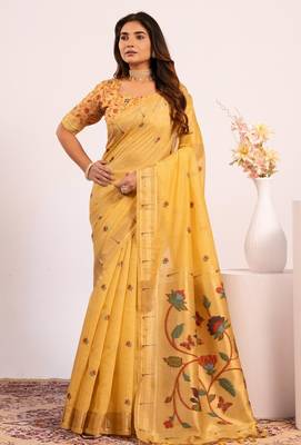 Cream premium soft moga cotton paithani saree with resham weaving pallu muniya zari border & contrast blouse piece 1