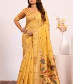 Cream premium soft moga cotton paithani saree with resham weaving pallu, muniya zari border & contrast blouse piece