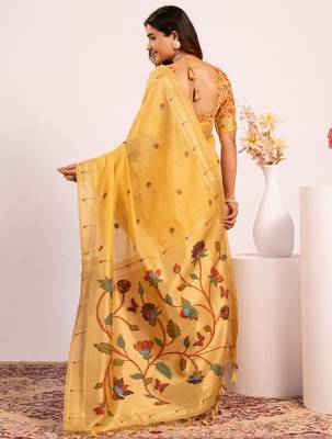 Cream premium soft moga cotton paithani saree with resham weaving pallu muniya zari border & contrast blouse piece 2