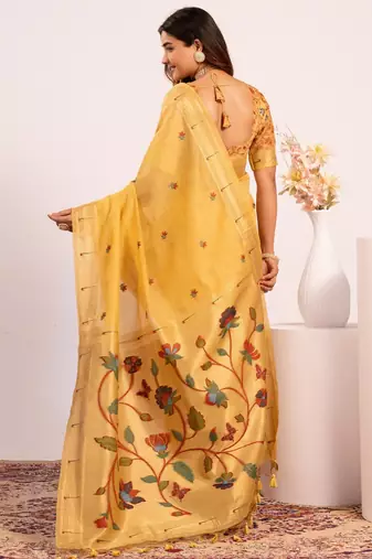 Cream premium soft moga cotton paithani saree with resham weaving pallu muniya zari border & contrast blouse piece
