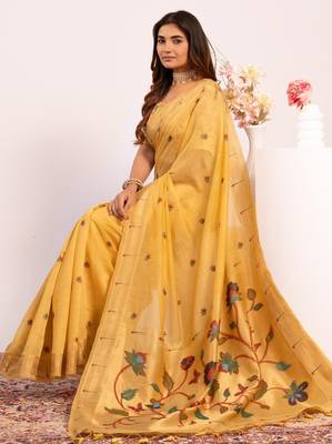 Cream premium soft moga cotton paithani saree with resham weaving pallu muniya zari border & contrast blouse piece 3