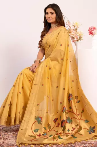 Cream premium soft moga cotton paithani saree with resham weaving pallu muniya zari border & contrast blouse piece