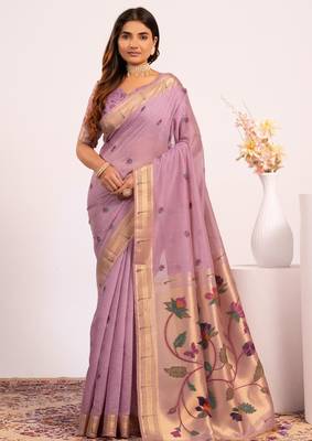 Sea green premium soft moga cotton paithani saree with resham weaving pallu muniya zari border & contrast blouse piece 1