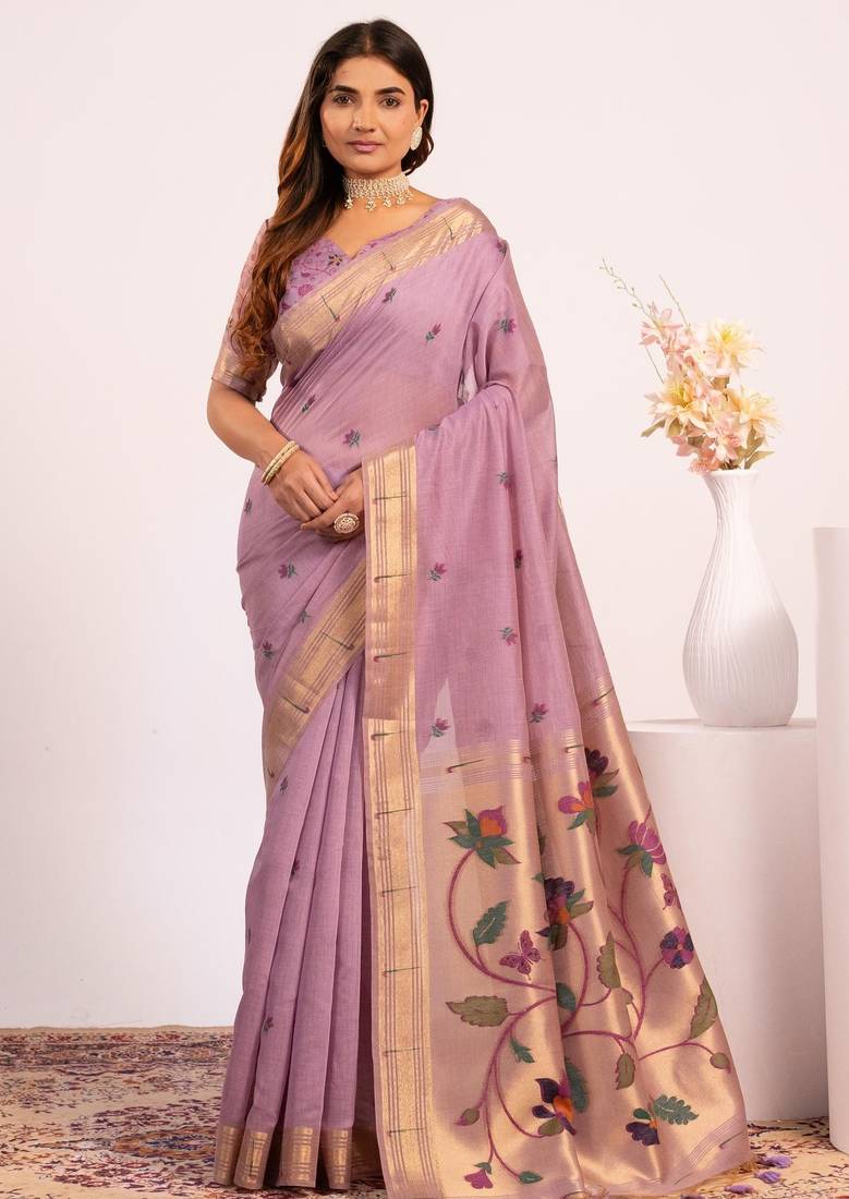 Sea green premium soft moga cotton paithani saree with resham weaving pallu, muniya zari border & contrast blouse piece