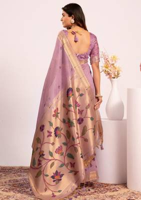 Sea green premium soft moga cotton paithani saree with resham weaving pallu muniya zari border & contrast blouse piece 2