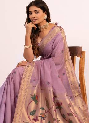 Sea green premium soft moga cotton paithani saree with resham weaving pallu muniya zari border & contrast blouse piece 3