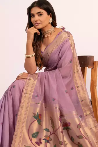 Sea green premium soft moga cotton paithani saree with resham weaving pallu muniya zari border & contrast blouse piece