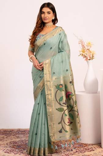 Purple premium soft moga cotton paithani saree with resham weaving pallu, muniya zari border & contrast blouse piece