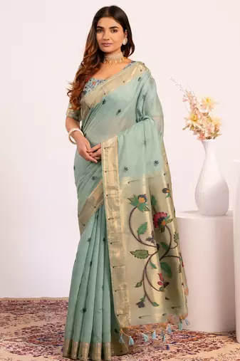 Purple premium soft moga cotton paithani saree with resham weaving pallu, muniya zari border & contrast blouse piece