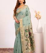 Purple premium soft moga cotton paithani saree with resham weaving pallu, muniya zari border & contrast blouse piece