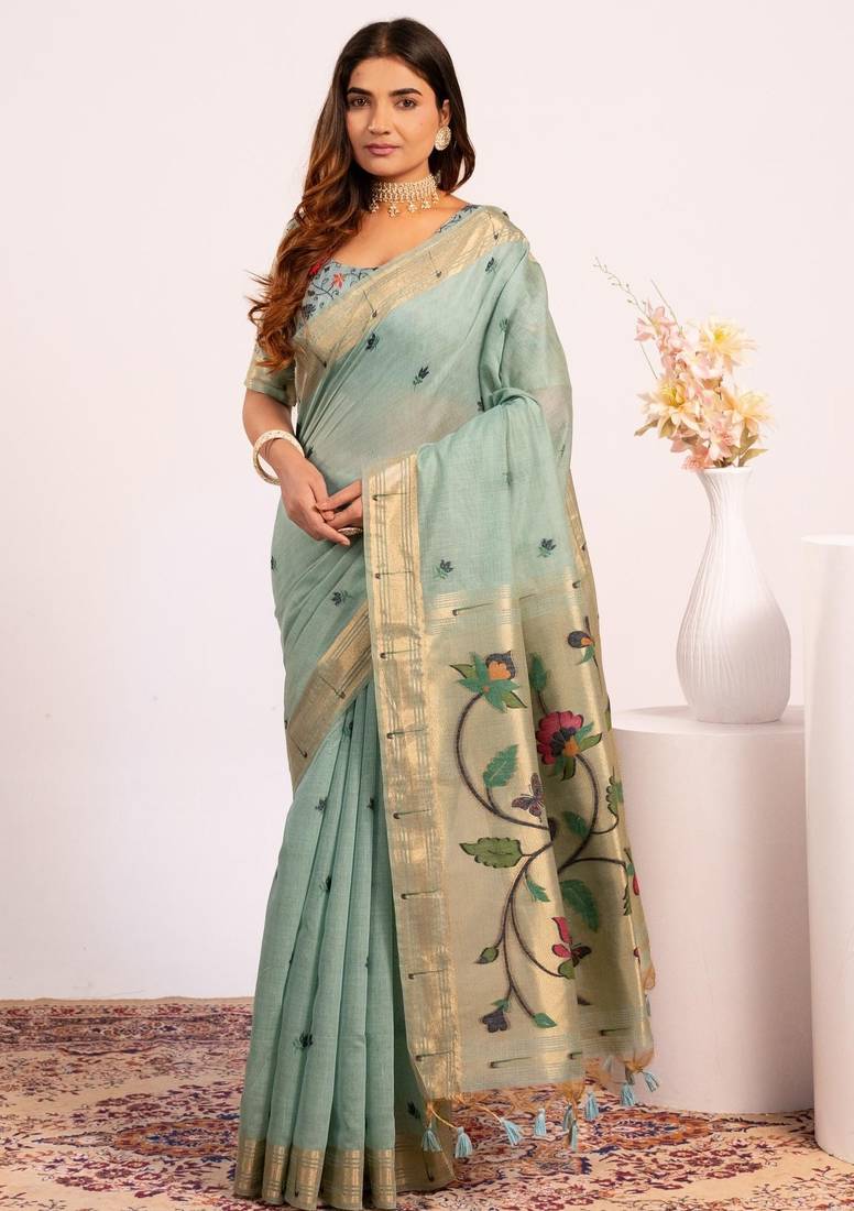 Purple premium soft moga cotton paithani saree with resham weaving pallu, muniya zari border & contrast blouse piece