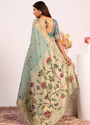 Purple premium soft moga cotton paithani saree with resham weaving pallu muniya zari border & contrast blouse piece 2