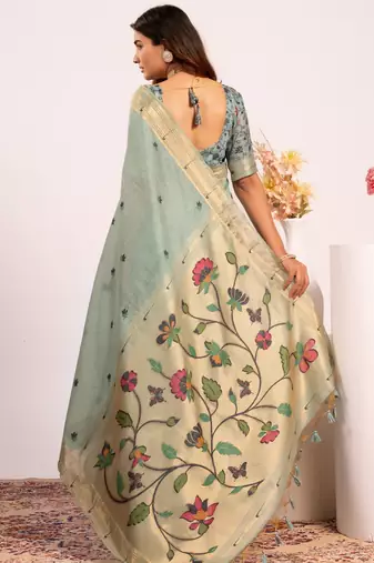 Purple premium soft moga cotton paithani saree with resham weaving pallu muniya zari border & contrast blouse piece