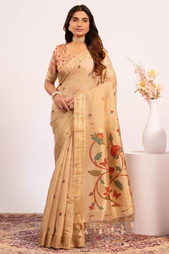 Yellow premium soft moga cotton paithani saree with resham weaving pallu, muniya zari border & contrast blouse piece