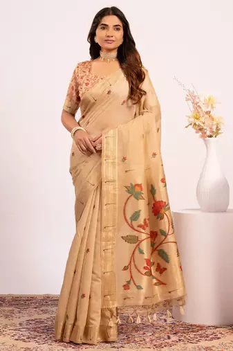 Yellow premium soft moga cotton paithani saree with resham weaving pallu, muniya zari border & contrast blouse piece