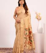 Yellow premium soft moga cotton paithani saree with resham weaving pallu, muniya zari border & contrast blouse piece