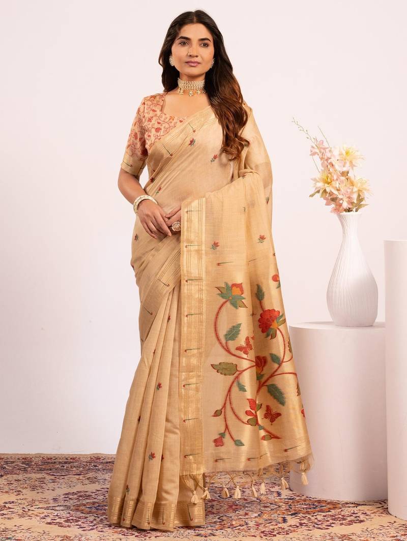 Yellow premium soft moga cotton paithani saree with resham weaving pallu, muniya zari border & contrast blouse piece