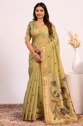 Parrot green premium soft moga cotton paithani saree with resham weaving pallu, muniya zari border saree