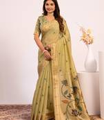 Parrot green premium soft moga cotton paithani saree with resham weaving pallu, muniya zari border saree