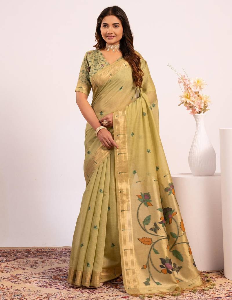 Parrot green premium soft moga cotton paithani saree with resham weaving pallu, muniya zari border saree