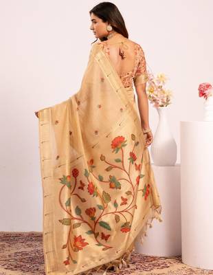 Yellow premium soft moga cotton paithani saree with resham weaving pallu muniya zari border & contrast blouse piece 2