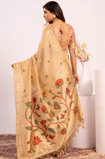 Yellow premium soft moga cotton paithani saree with resham weaving pallu muniya zari border & contrast blouse piece