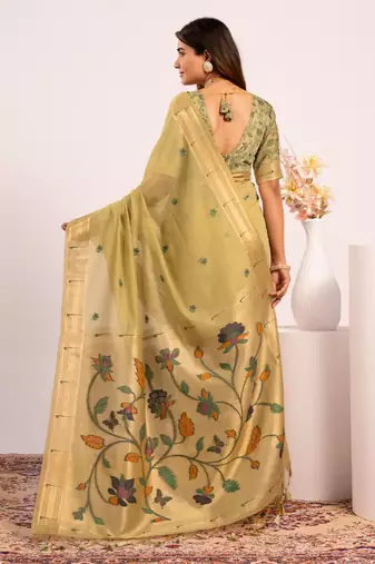 Parrot green premium soft moga cotton paithani saree with resham weaving pallu muniya zari border saree