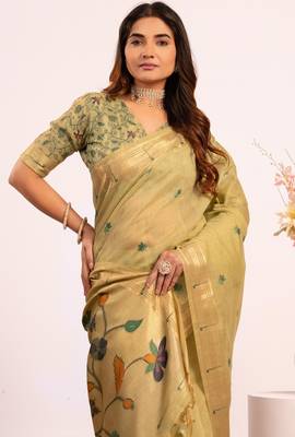 Parrot green premium soft moga cotton paithani saree with resham weaving pallu muniya zari border saree 3