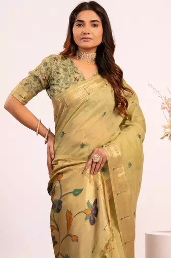 Parrot green premium soft moga cotton paithani saree with resham weaving pallu muniya zari border saree