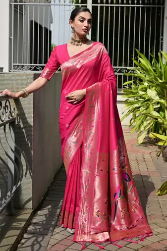Pink soft banarasi silk paithani saree with rich zari & meena woven shiny pallu, zari butties & tassels