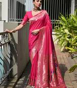 Pink soft banarasi silk paithani saree with rich zari & meena woven shiny pallu, zari butties & tassels