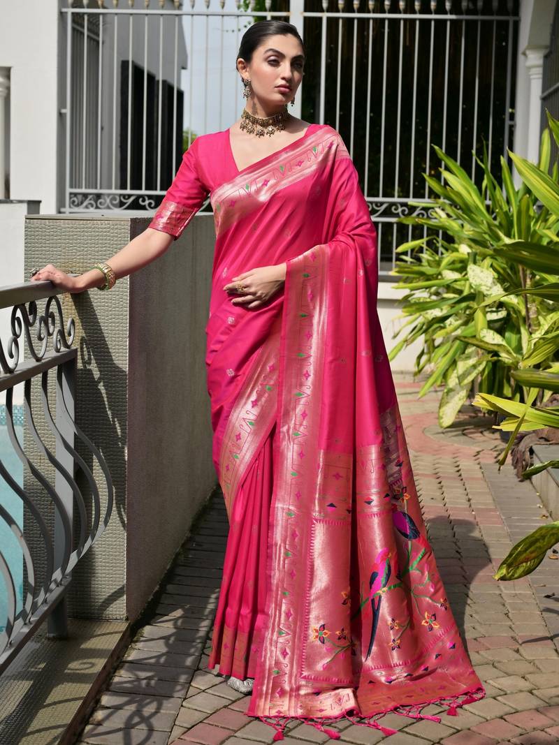 Pink soft banarasi silk paithani saree with rich zari & meena woven shiny pallu, zari butties & tassels