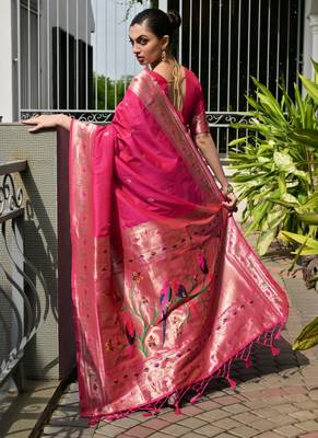 Pink soft banarasi silk blend paithani saree with rich zari & meena woven shiny pallu zari butties & tassels 2