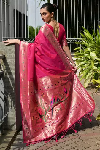 Pink soft banarasi silk blend paithani saree with rich zari & meena woven shiny pallu zari butties & tassels