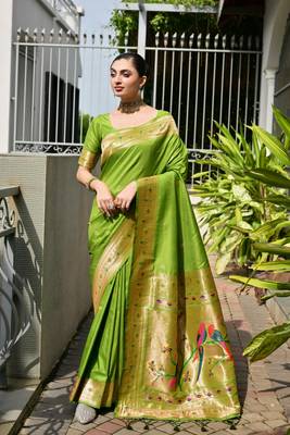 Parrot green soft banarasi silk blend paithani saree with rich zari & meena woven shiny pallu zari butties & tassels 1