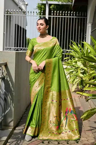 Parrot green soft banarasi silk paithani saree with rich zari & meena woven shiny pallu, zari butties & tassels