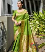 Parrot green soft banarasi silk paithani saree with rich zari & meena woven shiny pallu, zari butties & tassels