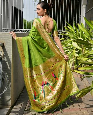 Parrot green soft banarasi silk blend paithani saree with rich zari & meena woven shiny pallu zari butties & tassels 2