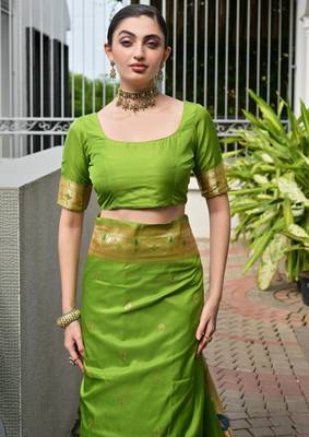 Parrot green soft banarasi silk blend paithani saree with rich zari & meena woven shiny pallu zari butties & tassels 3