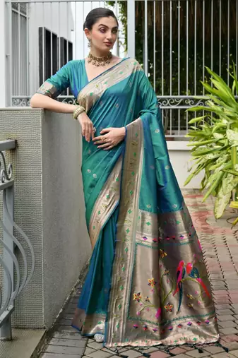 Blue soft banarasi silk paithani saree with rich zari & meena woven shiny pallu, zari butties & tassels