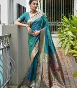 Blue soft banarasi silk paithani saree with rich zari & meena woven shiny pallu, zari butties & tassels