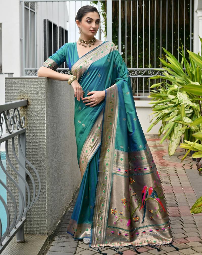 Blue soft banarasi silk paithani saree with rich zari & meena woven shiny pallu, zari butties & tassels
