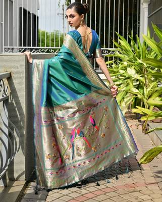Blue soft banarasi silk blend paithani saree with rich zari & meena woven shiny pallu zari butties & tassels 2