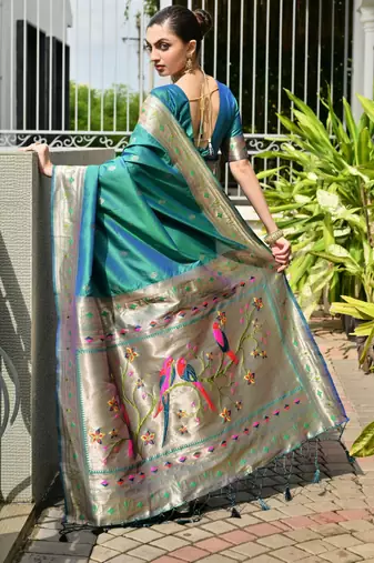 Blue soft banarasi silk blend paithani saree with rich zari & meena woven shiny pallu zari butties & tassels